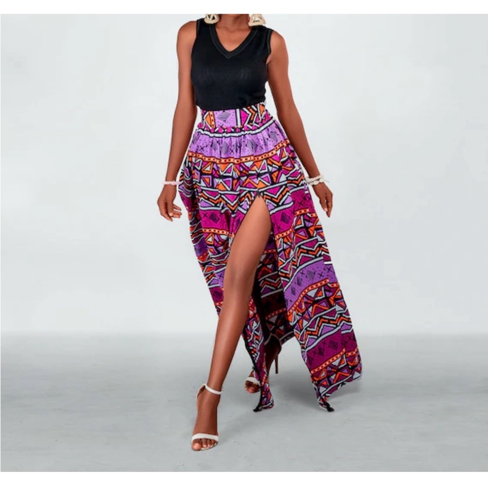 Women's African Print‎ High Waist Pleated Maxi Skirt